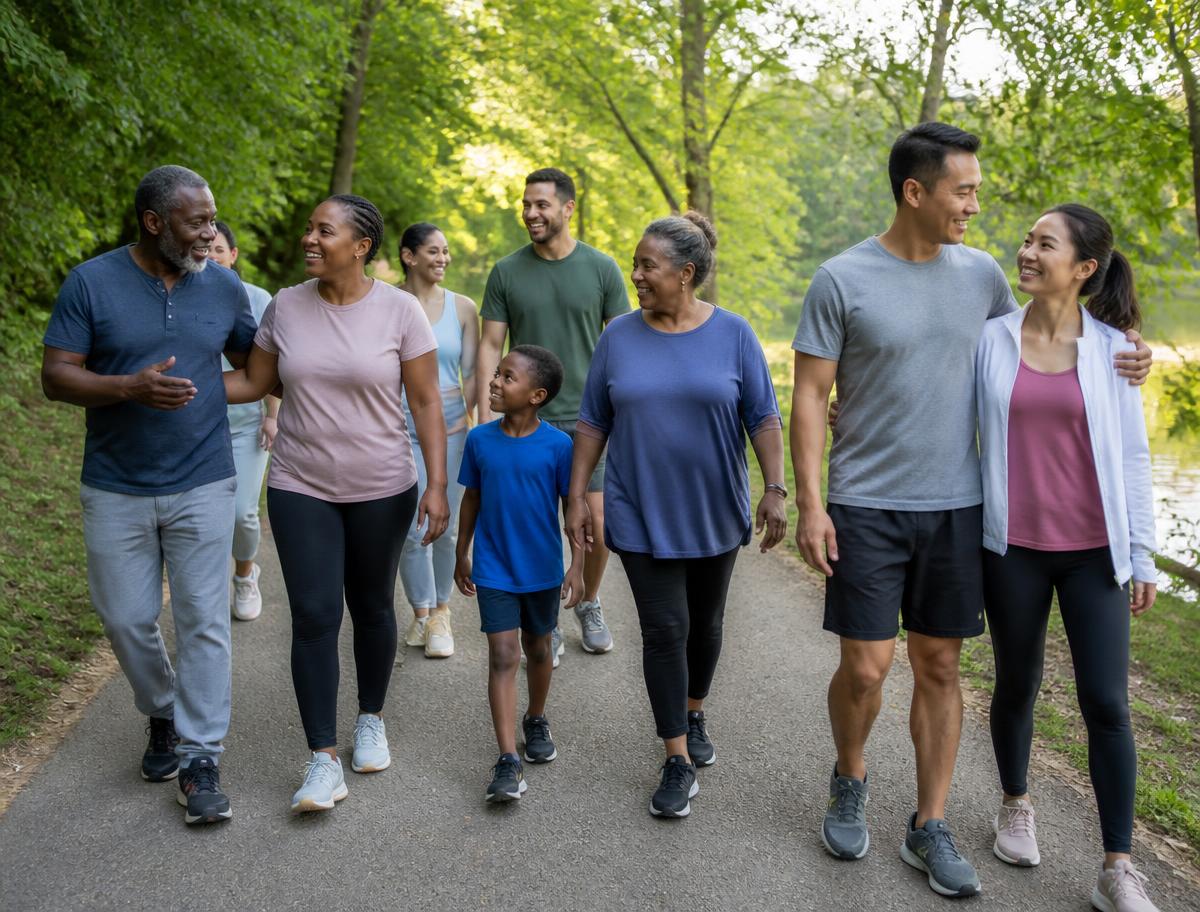 Neighbors of different ages walking together on a park path