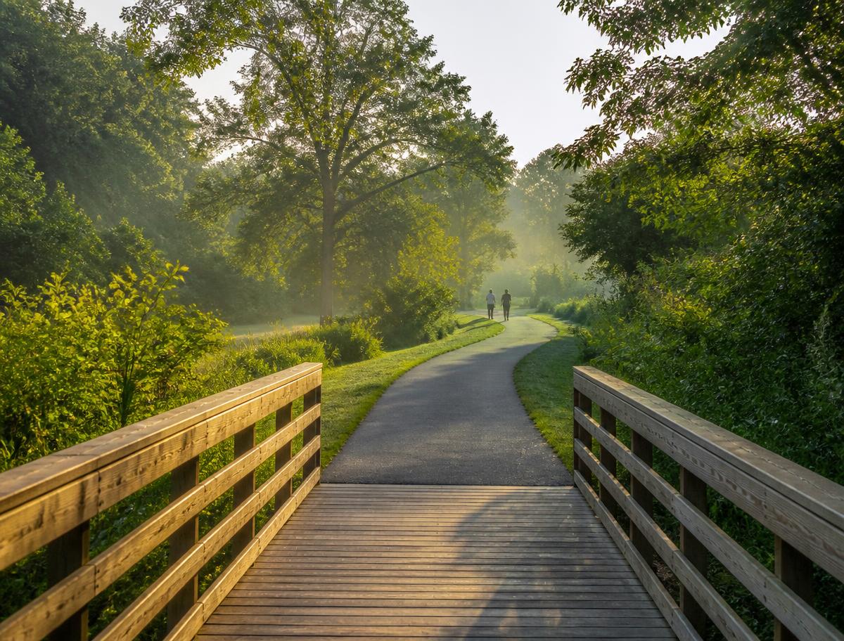 A greenway boardwalk leading onto a paved park trail in morning light